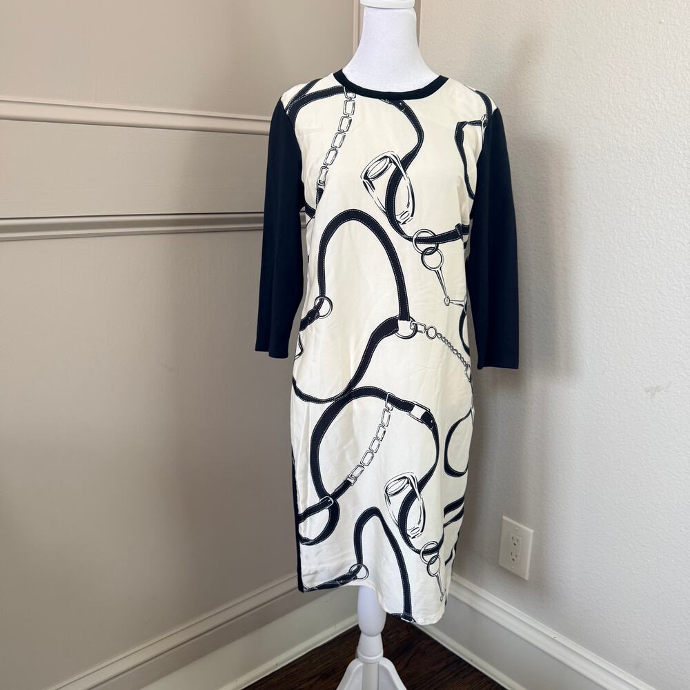 NWT Lauren Ralph Lauren Petite Ivory Black Equestrian Print Dress PM